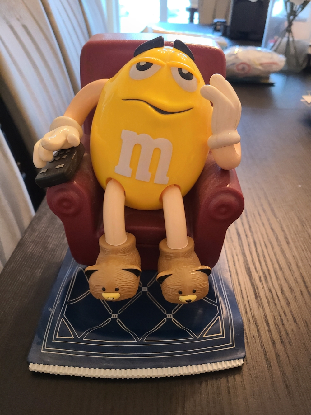 M&M'S Yellow Character Candy Dispencer in Red Recliner with Brown Slippers